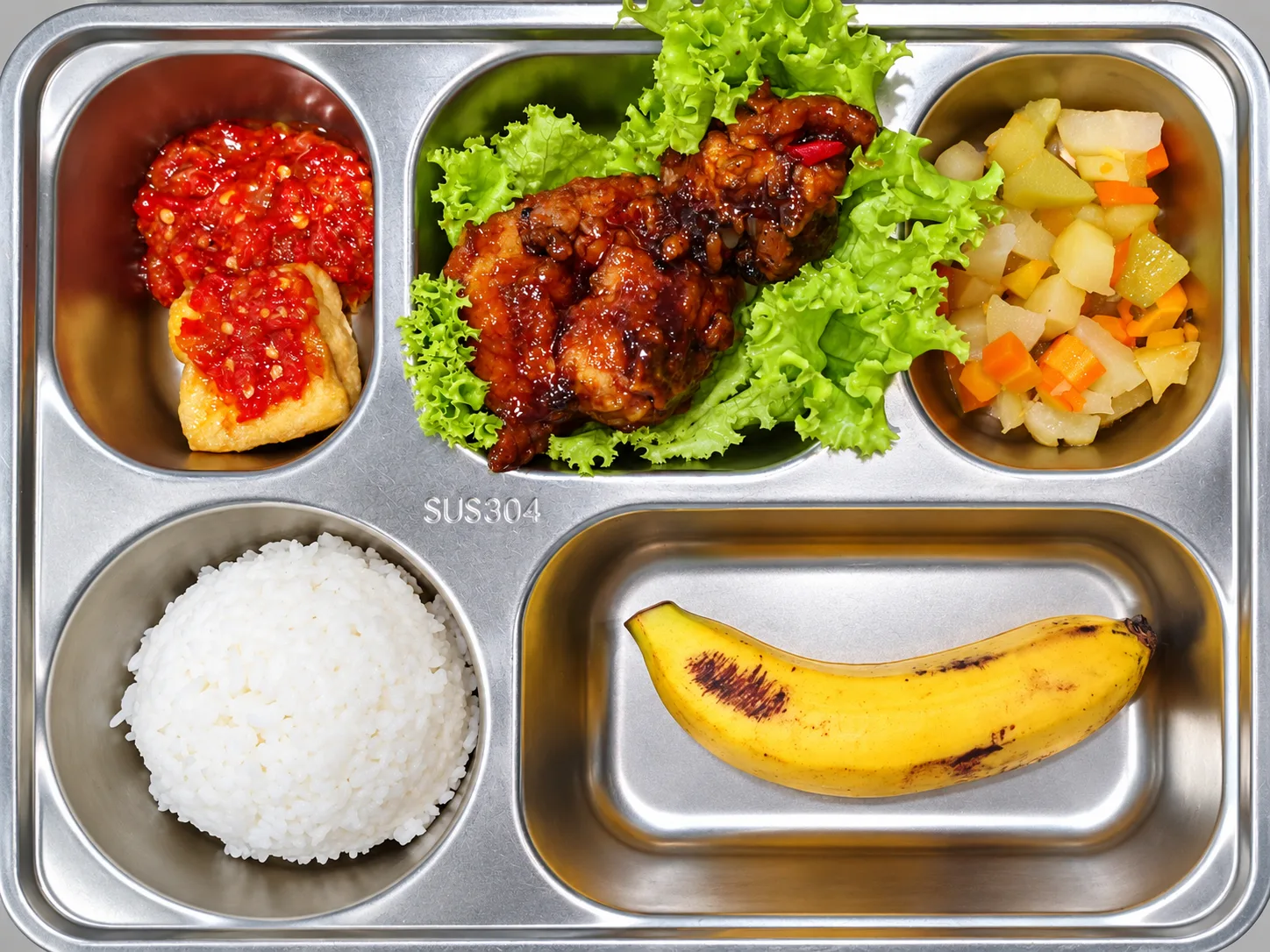 Sajian makanan dengan nasi, lauk, sayuran, dan pisang dalam wadah makan